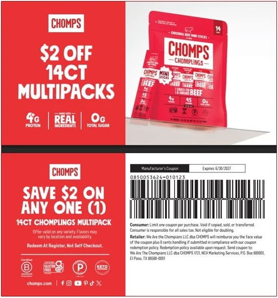 Packs de cupones Chomps 26/27, 25 por cantidad