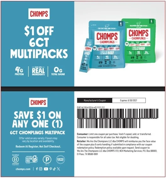 Packs de cupones Chomps 26/27, 25 por cantidad