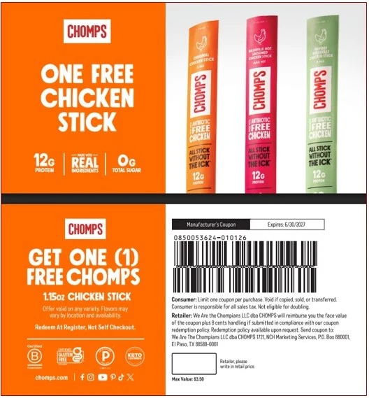 Packs de cupones Chomps 26/27, 25 por cantidad