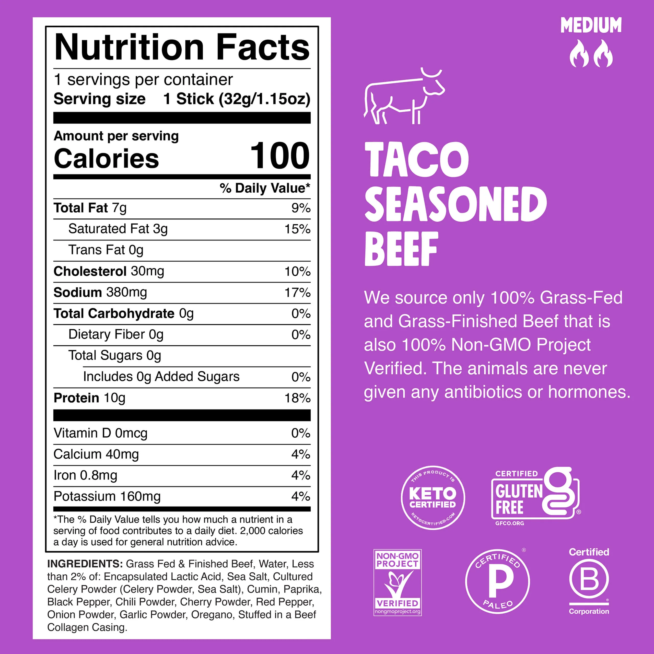 Taco Seasoned Grass-Fed Beef Jerky Sticks